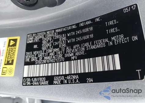 2017 Toyota Highlander Le из США, поврежденный, VIN 5TDZZRFH7HS212370